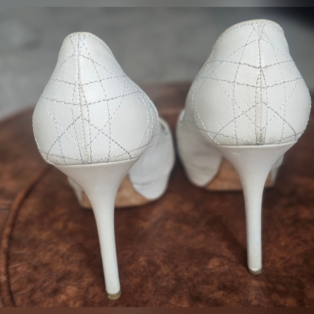 Dior Cream Quilted Leather Peep-Toe Pumps with Lace-Tie Detail - Picture 3 of 4